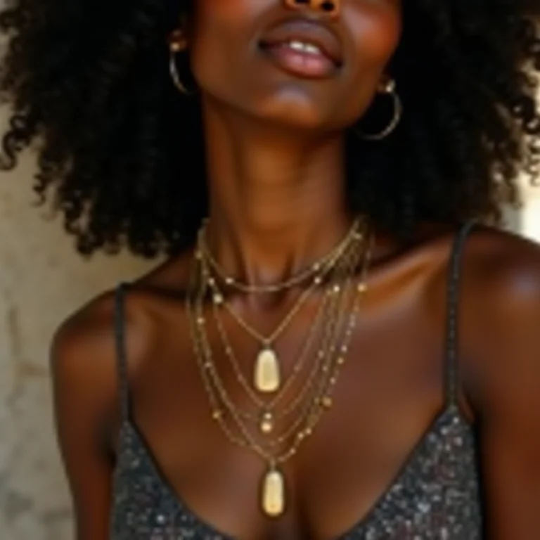 Mulher negra usando camadas de colares estilosos