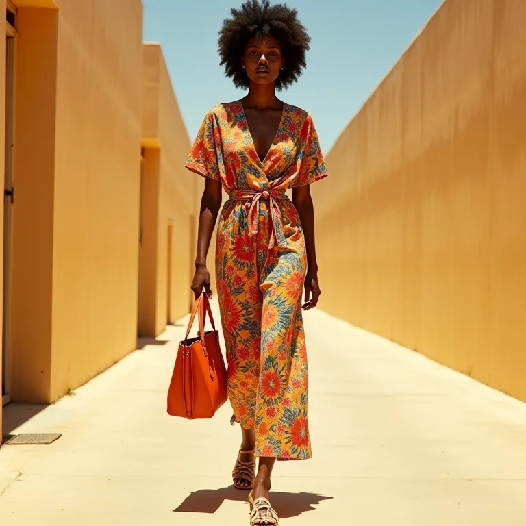 Mulher negra usando mix de estampas com acessórios neutros.