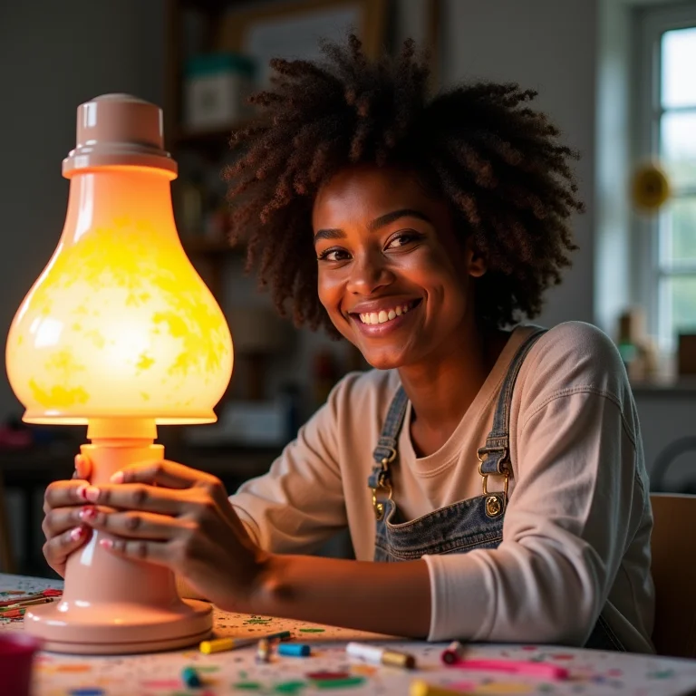 Mulher personalizando luminária de PVC DIY