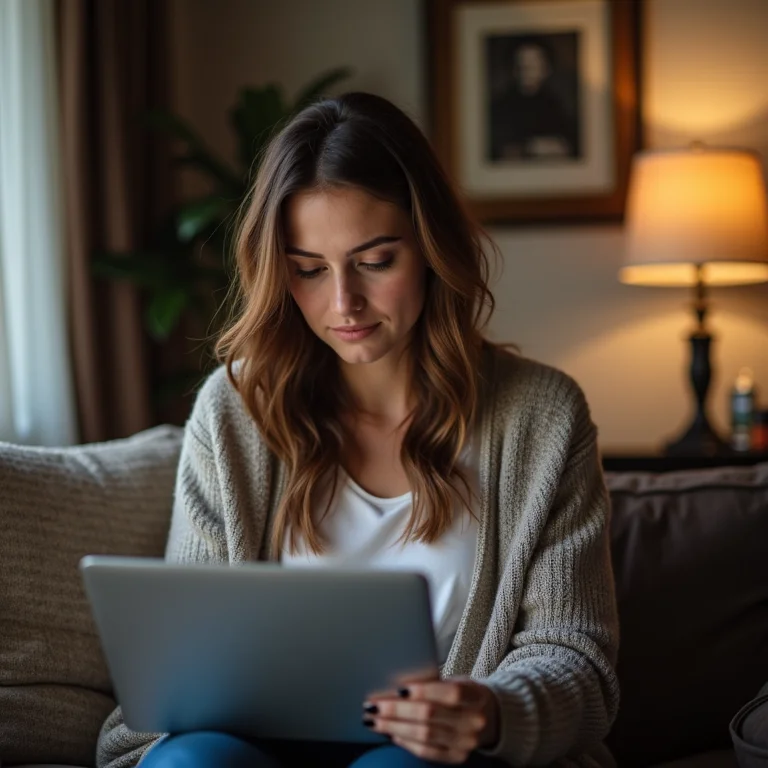 Mulher pesquisando oportunidades de voluntariado no laptop em casa.
