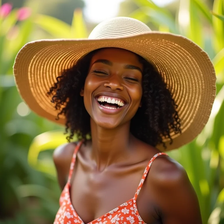 Mulher protegida do sol com chapéu sorrindo em jardim