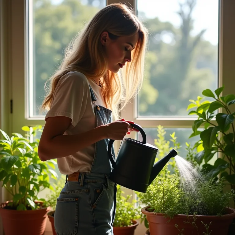 Mulher regando ervas aromáticas em vasos