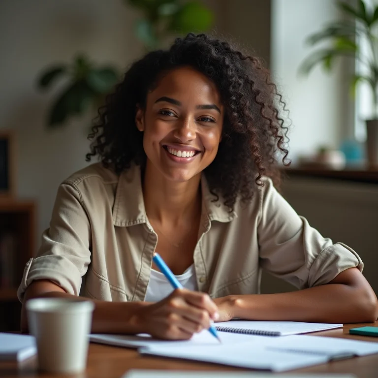 Mulher sorrindo durante uma sessão de brainstorming