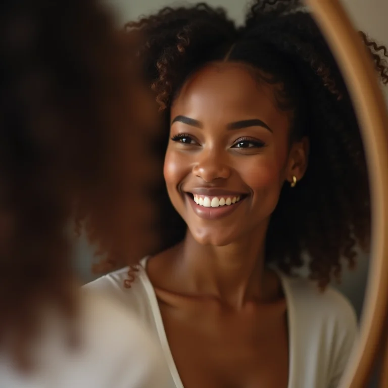 Mulher sorrindo para si mesma no espelho, sentindo-se confiante.