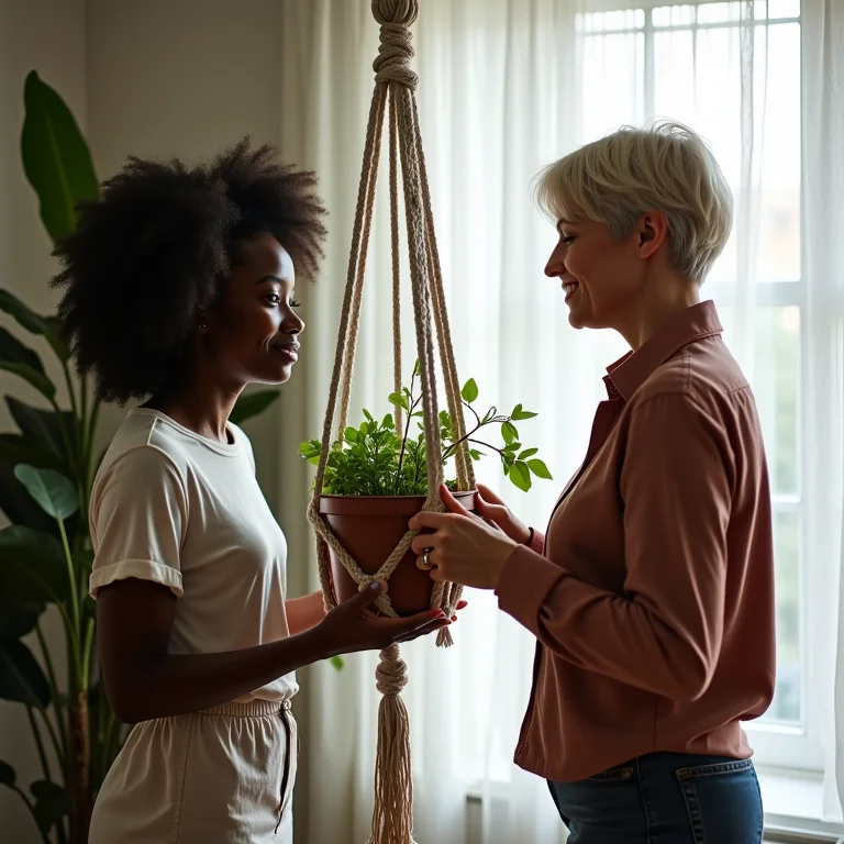 Mulheres criando prateleira de macramê.