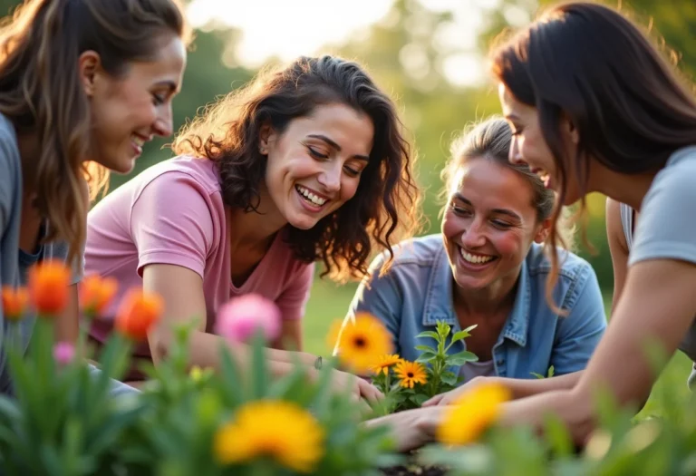 Mulheres diversas cultivando horta comunitária, sorrindo e interagindo.
