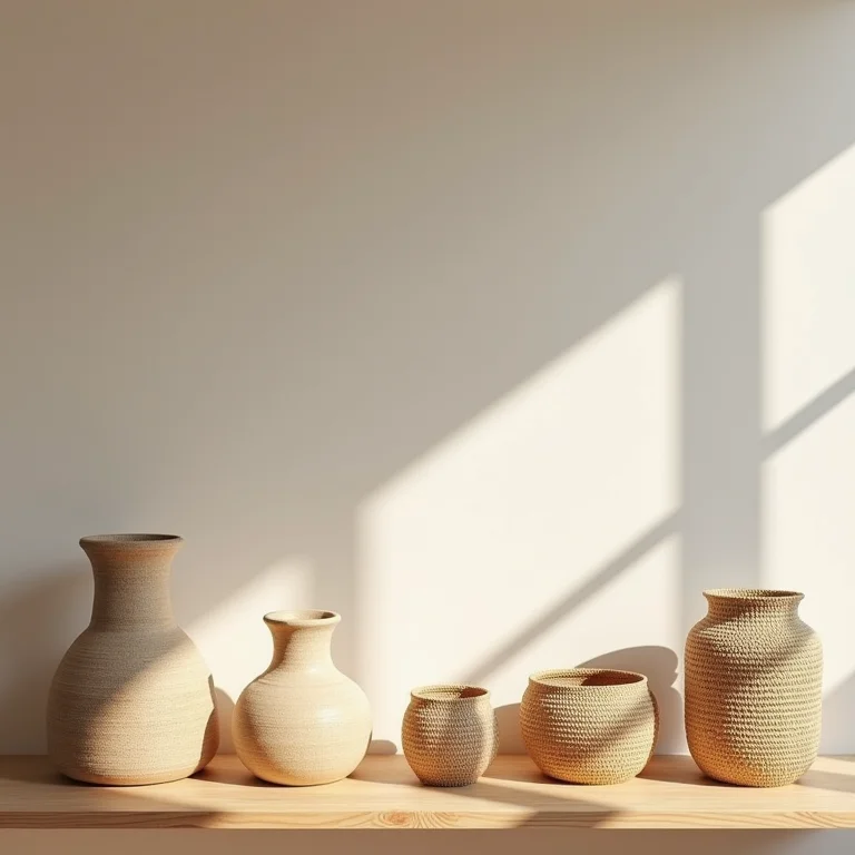 Objetos de artesanato em cerâmica e cestaria.