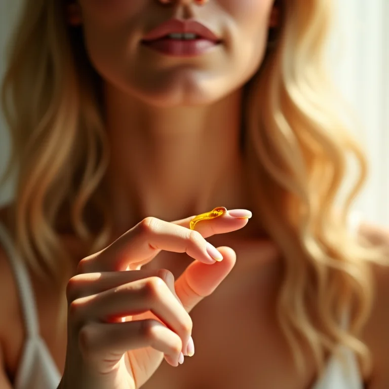 Óleo de argan sendo aplicado nos dedos com cabelo brilhante ao fundo