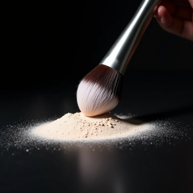 Pincel aplicando pó translúcido em fundo escuro