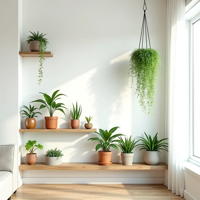 Plantas em diferentes vasos decorando uma sala de estar.