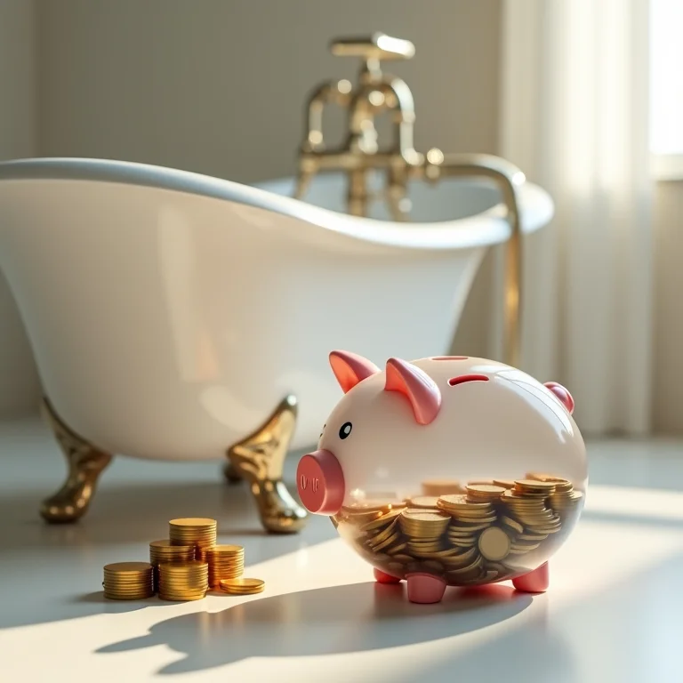 Porquinho de dinheiro ao lado de uma banheira vitoriana luxuosa