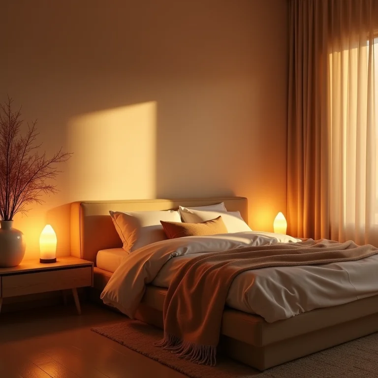 Quarto com iluminação indireta e acolhedora.