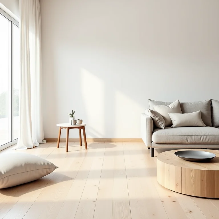 Sala de estar com decoração estilo escandinavo e piso claro que imita madeira