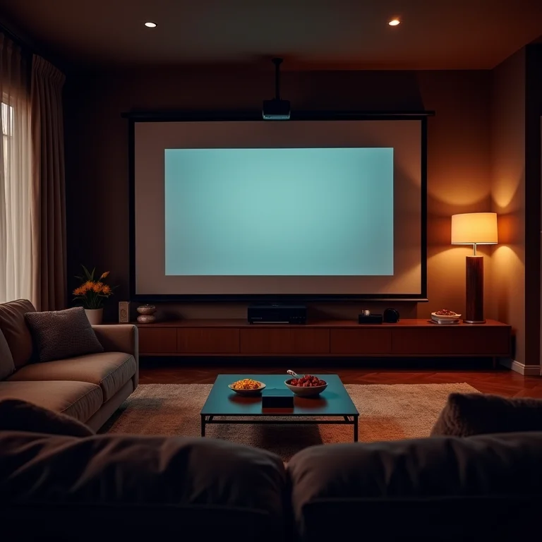 Sala de estar transformada em um cinema em casa com projetor e petiscos.