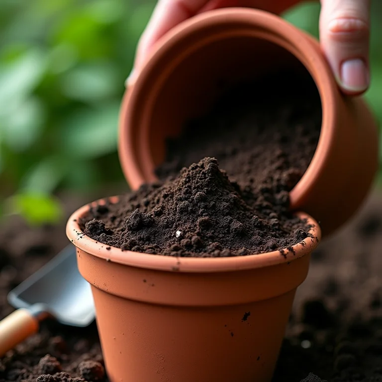 Solo escuro sendo colocado em um vaso de barro