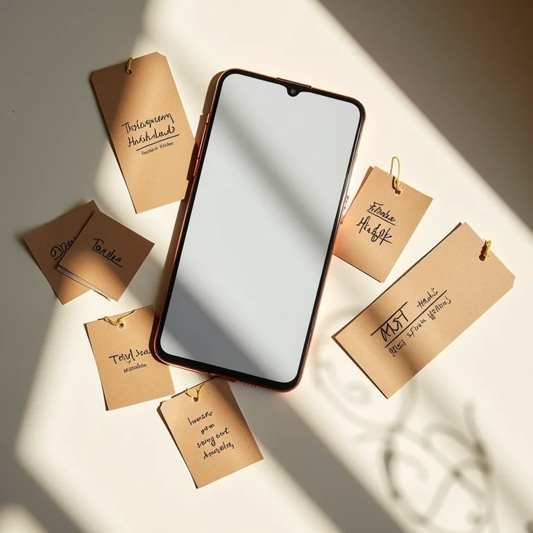 Tags com hashtags para produtos artesanais ao redor de um smartphone com post do Instagram