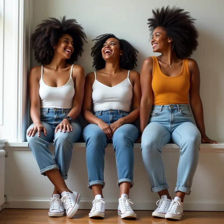 Três amigas rindo e mostrando looks com All Star branco