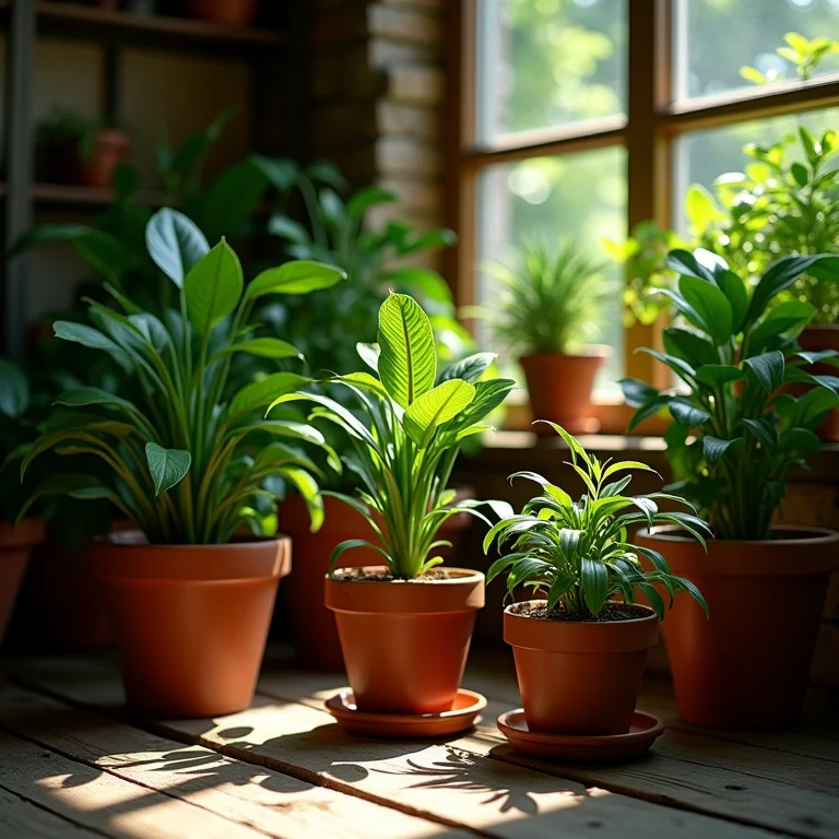 Variedade de plantas de sombra em vasos.