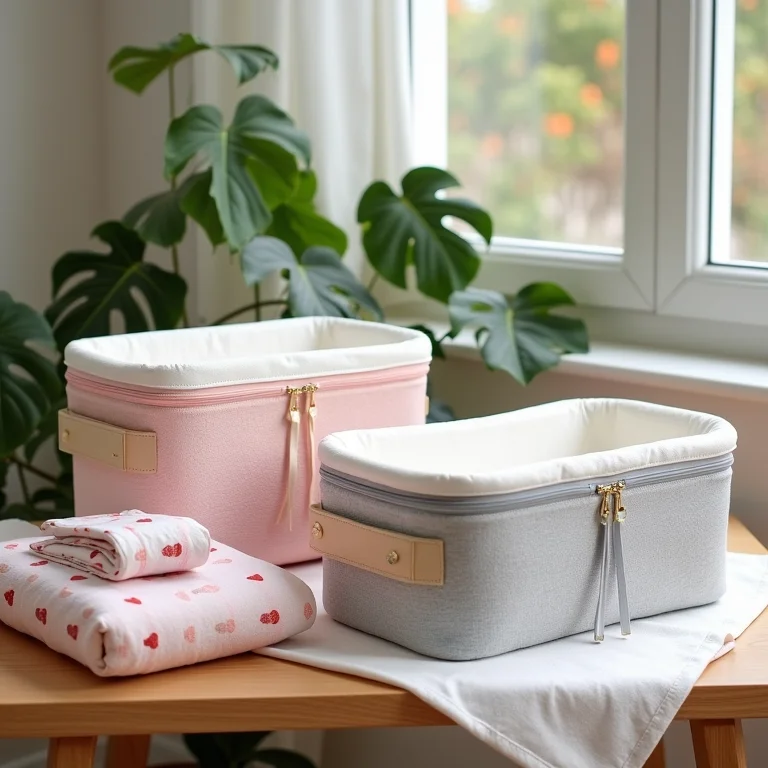 Vários trocadores de fralda portáteis artesanais em uma mesa de artesanato