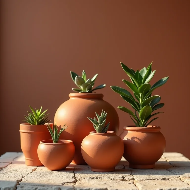 Vasos de barro de diferentes tamanhos com pequenas plantas.
