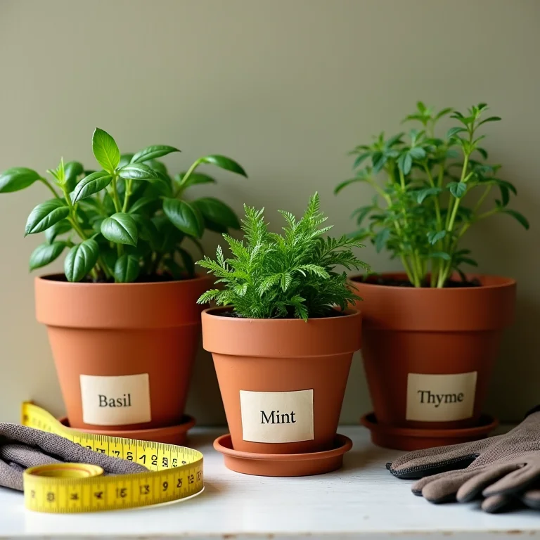 Vasos de diferentes tamanhos com etiquetas de ervas