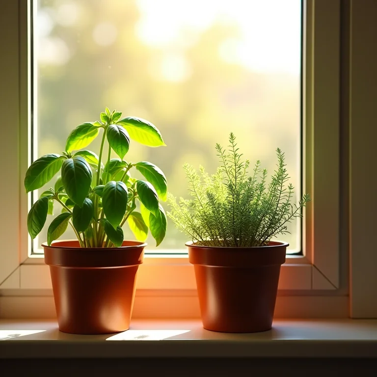 Vasos de manjericão e orégano sob a luz do sol