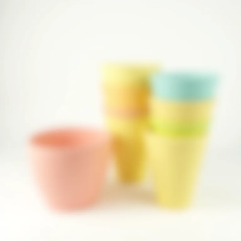 Vasos de plástico coloridos empilhados sobre fundo branco.