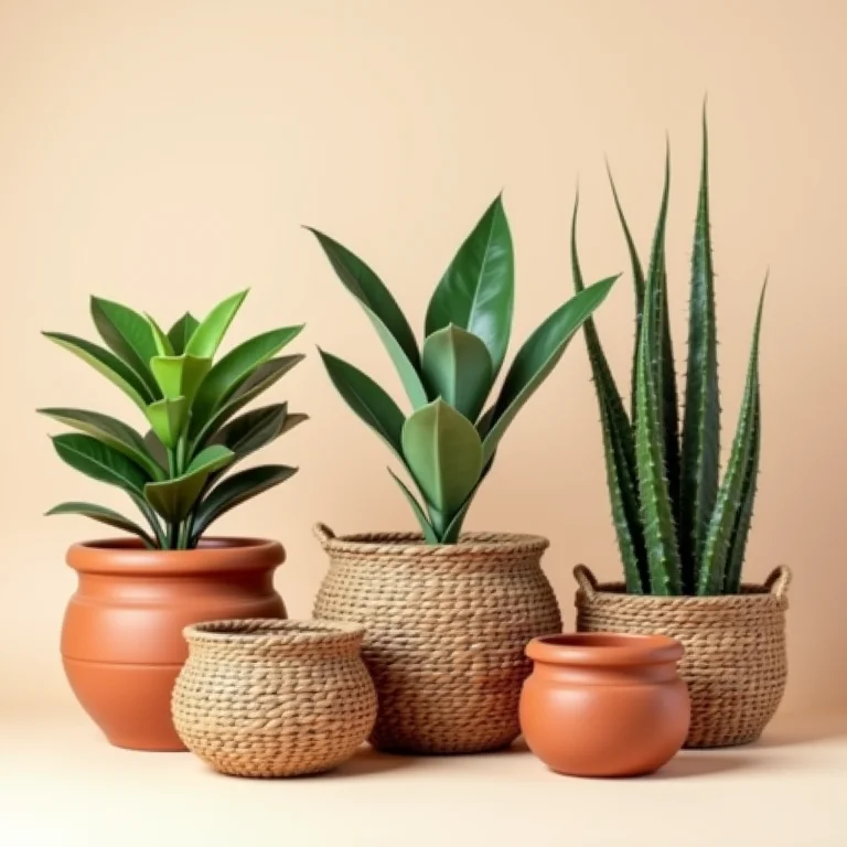 Vasos de terracota, cerâmica e cestos para plantas.