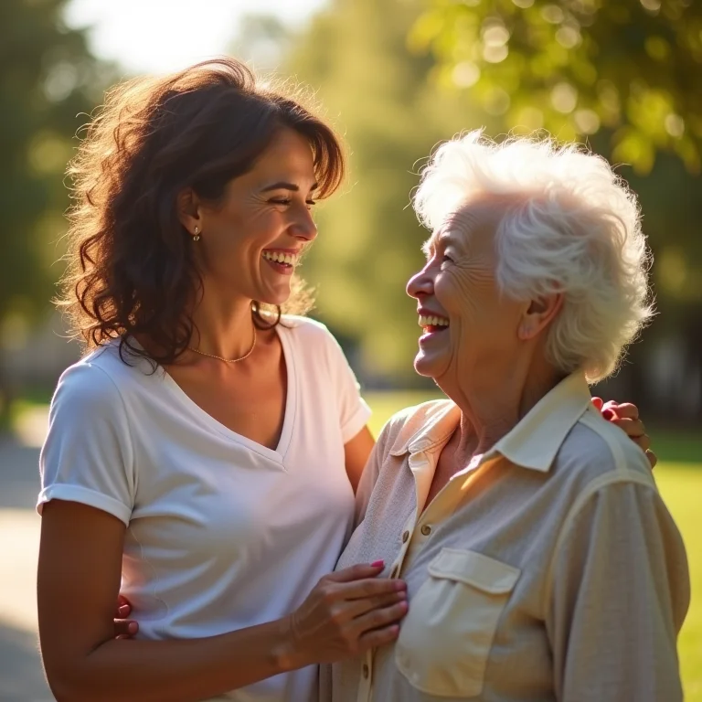 Voluntária auxiliando idoso em dia ensolarado, ambos sorrindo.