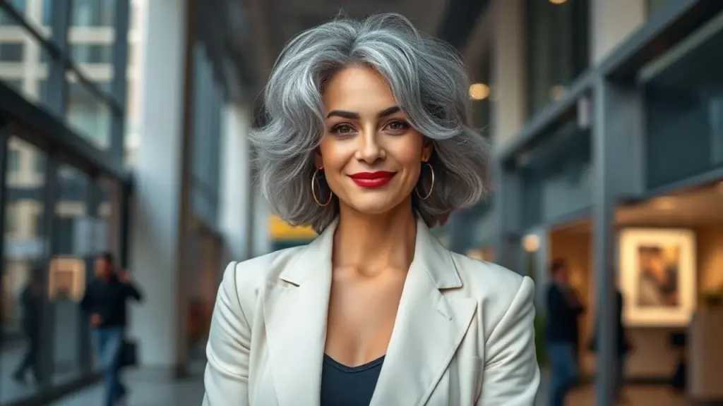 Mulher brasileira com cabelo acinzentado sorrindo em São Paulo.