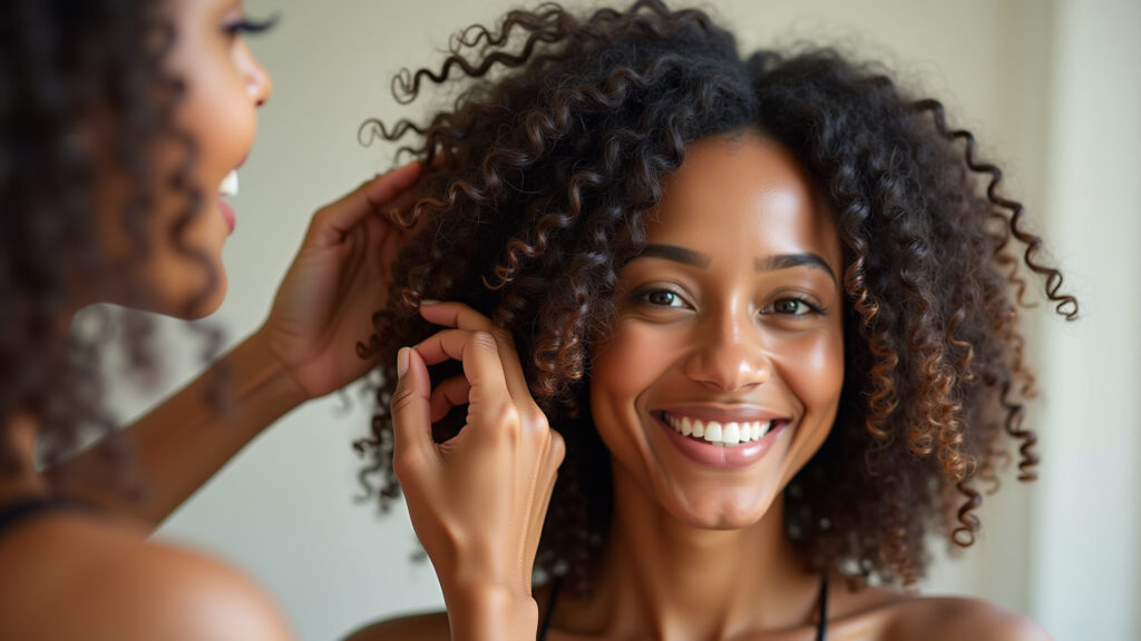 A curly-haired woman applying homemade leave-in with flaxseed gel and shea butter, showcasing Leave-in caseiro para cabelos cacheados com gel de linhaça e manteiga de karité.