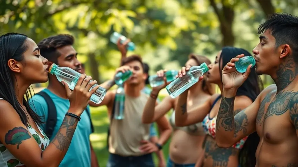 Grupo de brasileiros bebendo água em um parque, essencial para a hidratação da pele e da tatuagem.