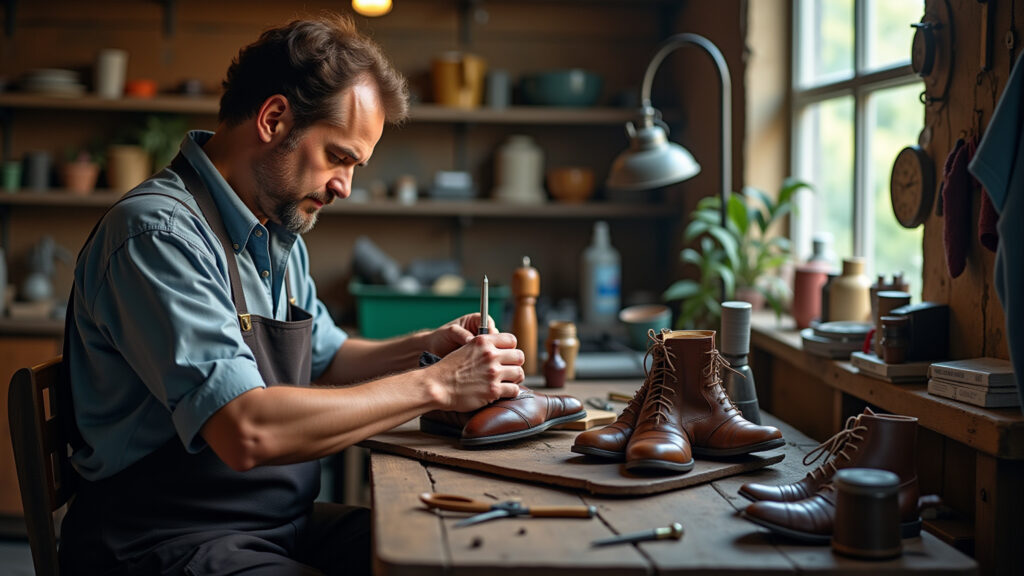 A shoemaker working on shoes in his workshop, tools and materials, professional environment, 8K Sapateiro consertando sapatos em sua oficina.