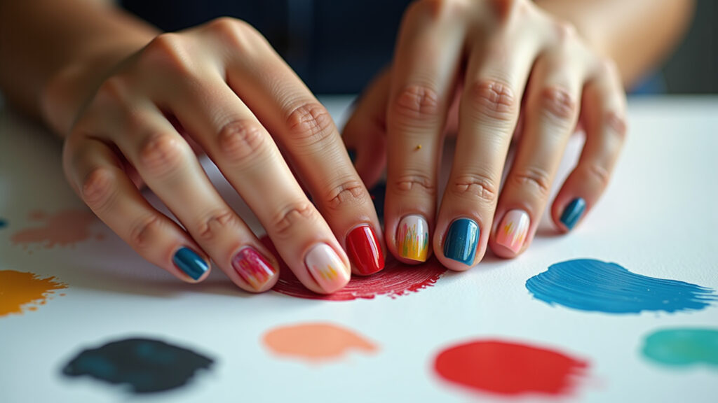 Unhas abstratas com pinceladas livres e coloridas.