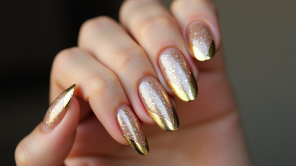 Unhas abstratas com detalhes dourados glamourosos.