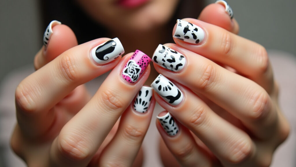 Unhas abstratas com adesivos práticos e modernos.