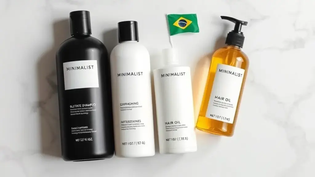Produtos cabelo minimalista, shampoo suave, condicionador, óleo capilar.