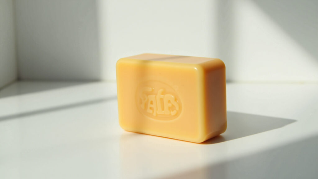 Affordable solid shampoo bar, price tag, close-up, bright lighting, minimalist background, 8K Shampoo sólido barato e acessível.