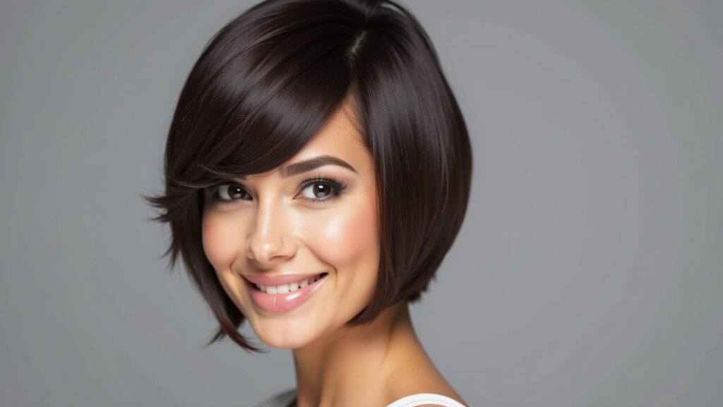 Bob assimétrico moderno para rosto pera, destacando o estilo.