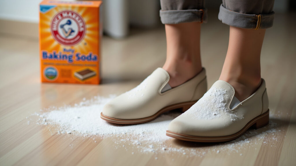 Baking soda inside shoes to remove odors, home remedy, natural light, lifestyle photography, 8K Removendo odores de sapatos com bicarbonato de sódio.