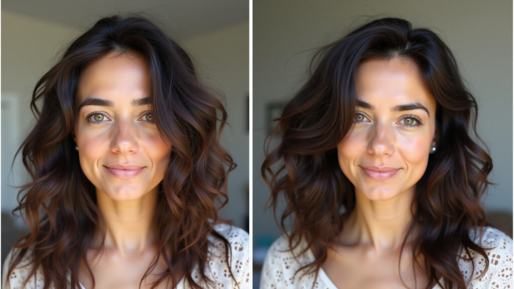 Before and after 'touca de nero': woman with frizzy hair and then smooth hair, natural light, 8K Antes e depois da touca de nero: cabelo liso e sem frizz.