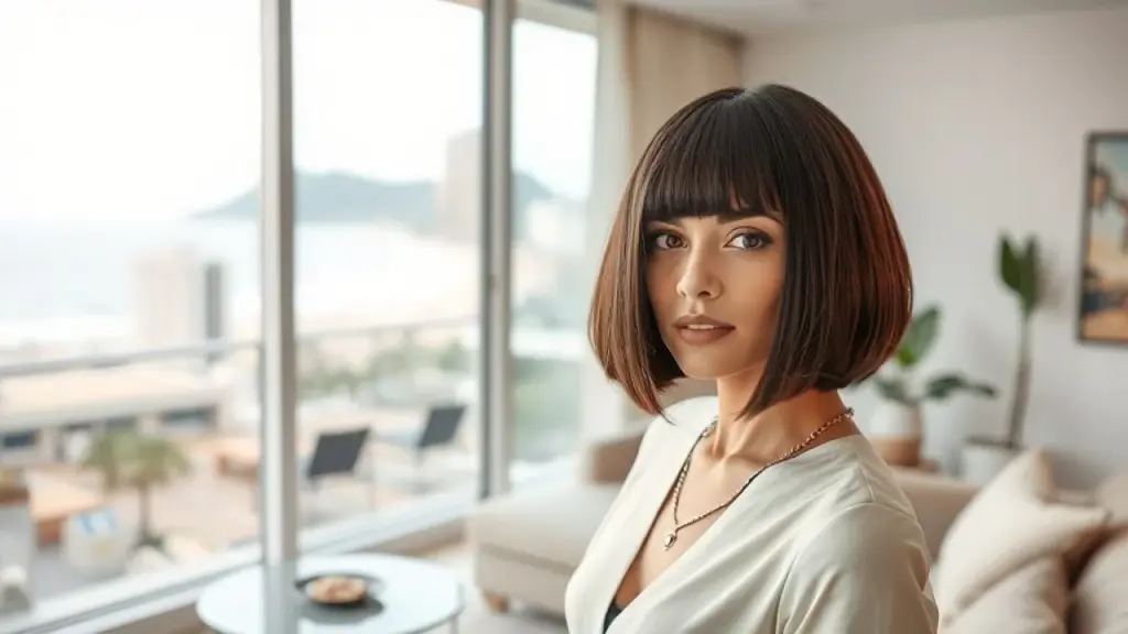 Corte bob, mulher brasileira, Copacabana, cabelo minimalista, elegante.