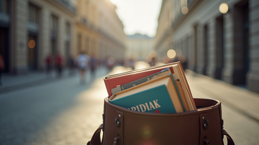 Book peeking out of a bag, city street background, natural light, lifestyle photography, 8K Livro sempre à mão.