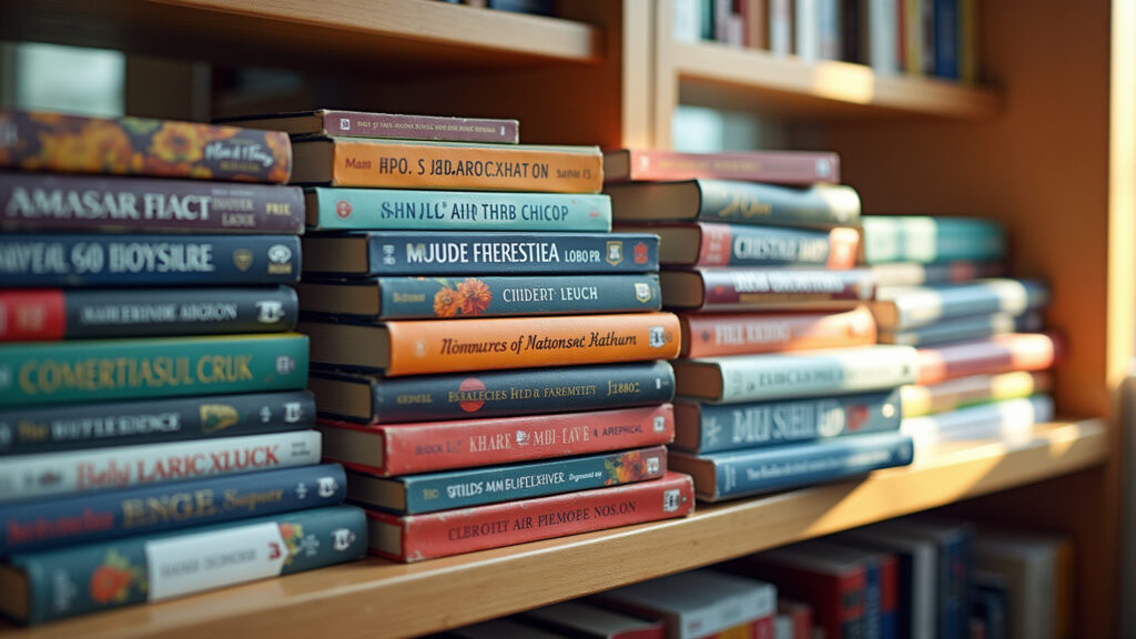 Books of different genres stacked, colorful covers, natural light, commercial photography, 8K Variedade de gêneros literários.