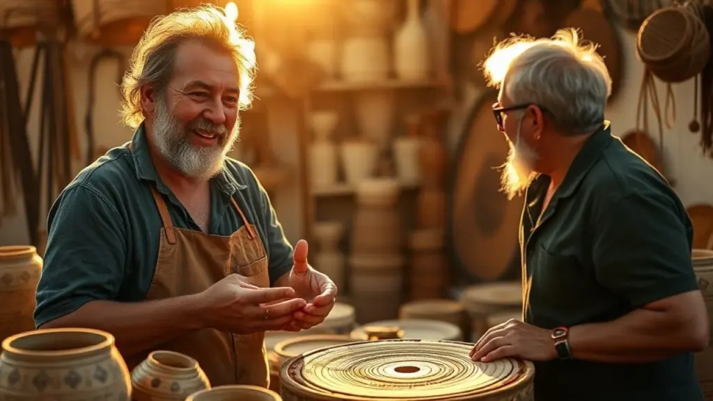 Brazilian artisan proudly displaying their handcrafted work, with a customer giving a specific and Artesão brasileiro recebendo elogio detalhado pelo seu trabalho manual.