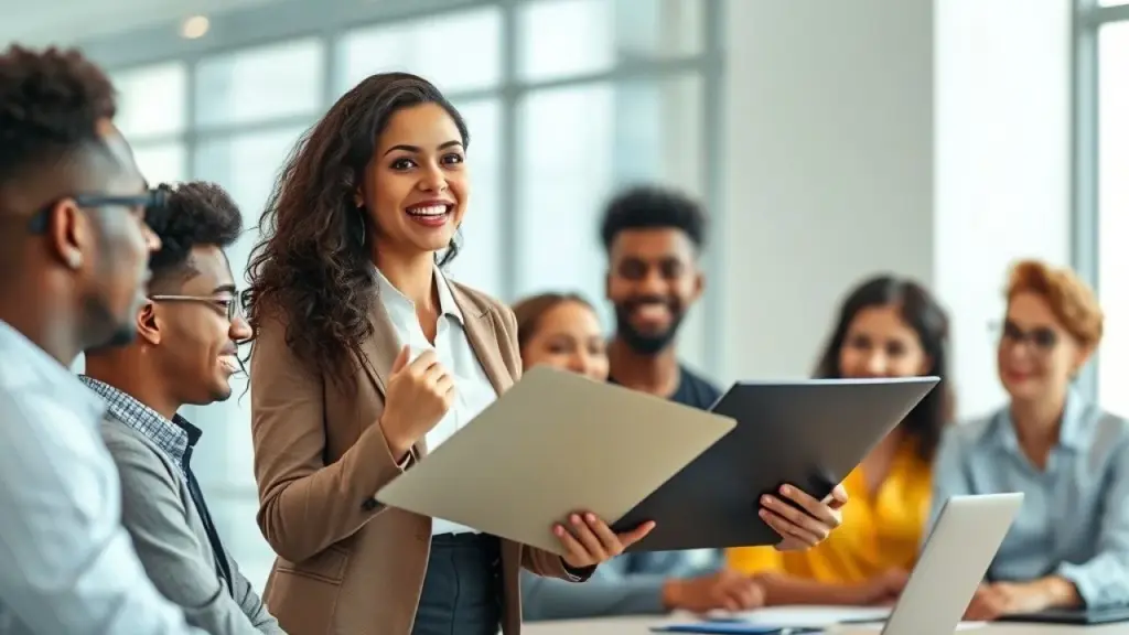 Empresária brasileira liderando equipe em reunião de negócios