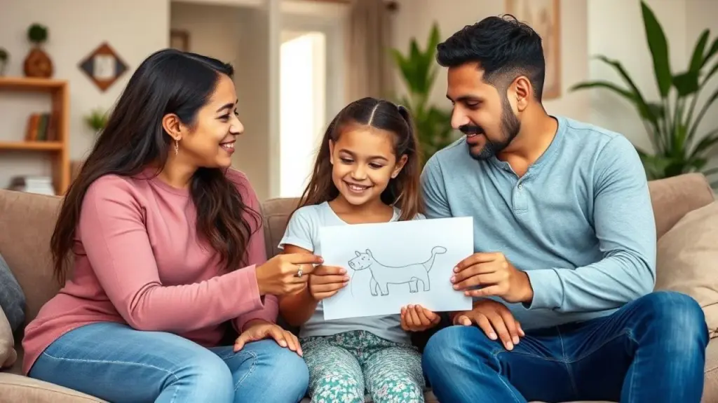 Brazilian family in a cozy living room, daughter showing her drawing to her parents, who are giving Família brasileira elogiando desenho da filha em ambiente acolhedor.