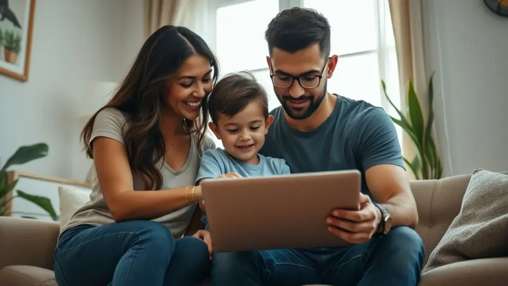 Família brasileira colaborando em projeto em casa, simbolizando apoio familiar.