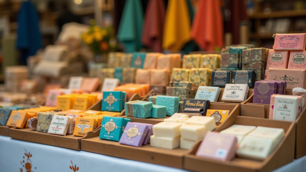 Brazilian market stall with various solid conditioner bars, natural soaps, and eco-friendly Onde encontrar condicionador sólido barato.