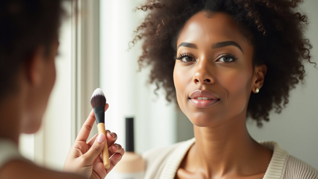 Brazilian woman applying light coverage, oil-free foundation with a brush, natural light, 8k Aplicação de base oil-free com pincel.